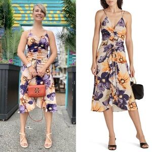 OPT Floral Print Satin V-Neck Sleeveless Ruched Tie Ruffle Front Midi Sundress S